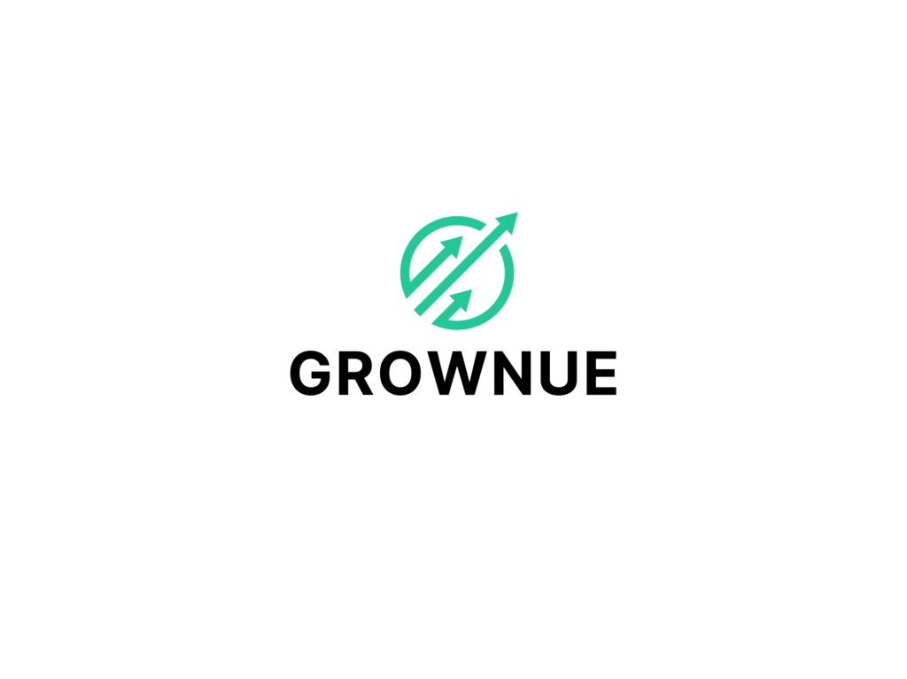 A logo featuring a stylized green arrow encircling a black circle, with the word GROWNUE in bold black letters below. The design represents growth and upward movement. The background is plain white.