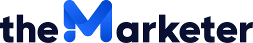 The image shows the logo for the Marketer with the letter M in a gradient of blue shades, stylized with rounded curves. The rest of the letters are in a dark, bold font.
