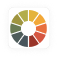A color wheel with ten segments, each in different shades ranging from green to orange to red. The wheel is set against a white square with a thick, black, pixelated border.