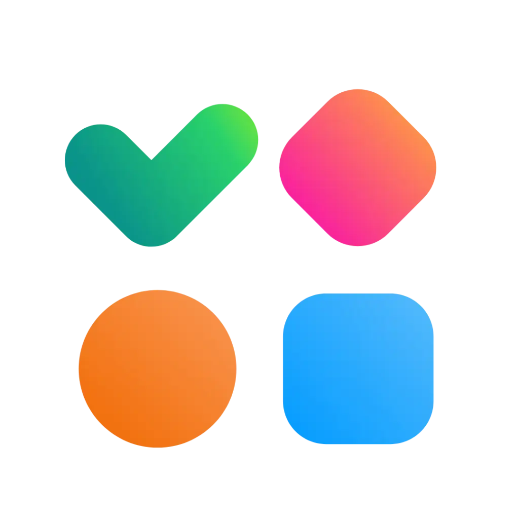 Four colorful geometric shapes on a black background: a green gradient checkmark, a pink-orange rounded diamond, an orange circle, and a blue rounded square.