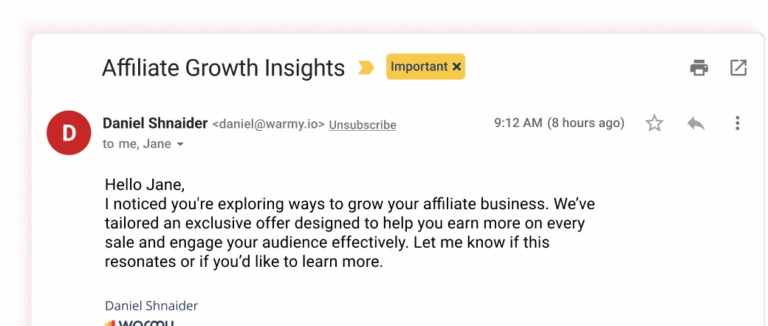 Screenshot of an email from Daniel Shnaider with the subject Affiliate Growth Insights marked as Important, offering Jane tailored advice to grow her affiliate business and asking if shed like to learn more.