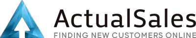 Logo featuring a 3D blue triangular shape on the left and the text ActualSales followed by Finding New Customers Online in smaller letters on the right. The background is transparent.